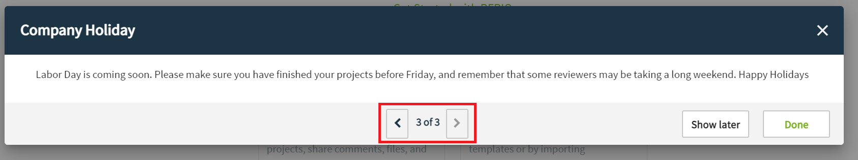 Announcements with arrow buttons