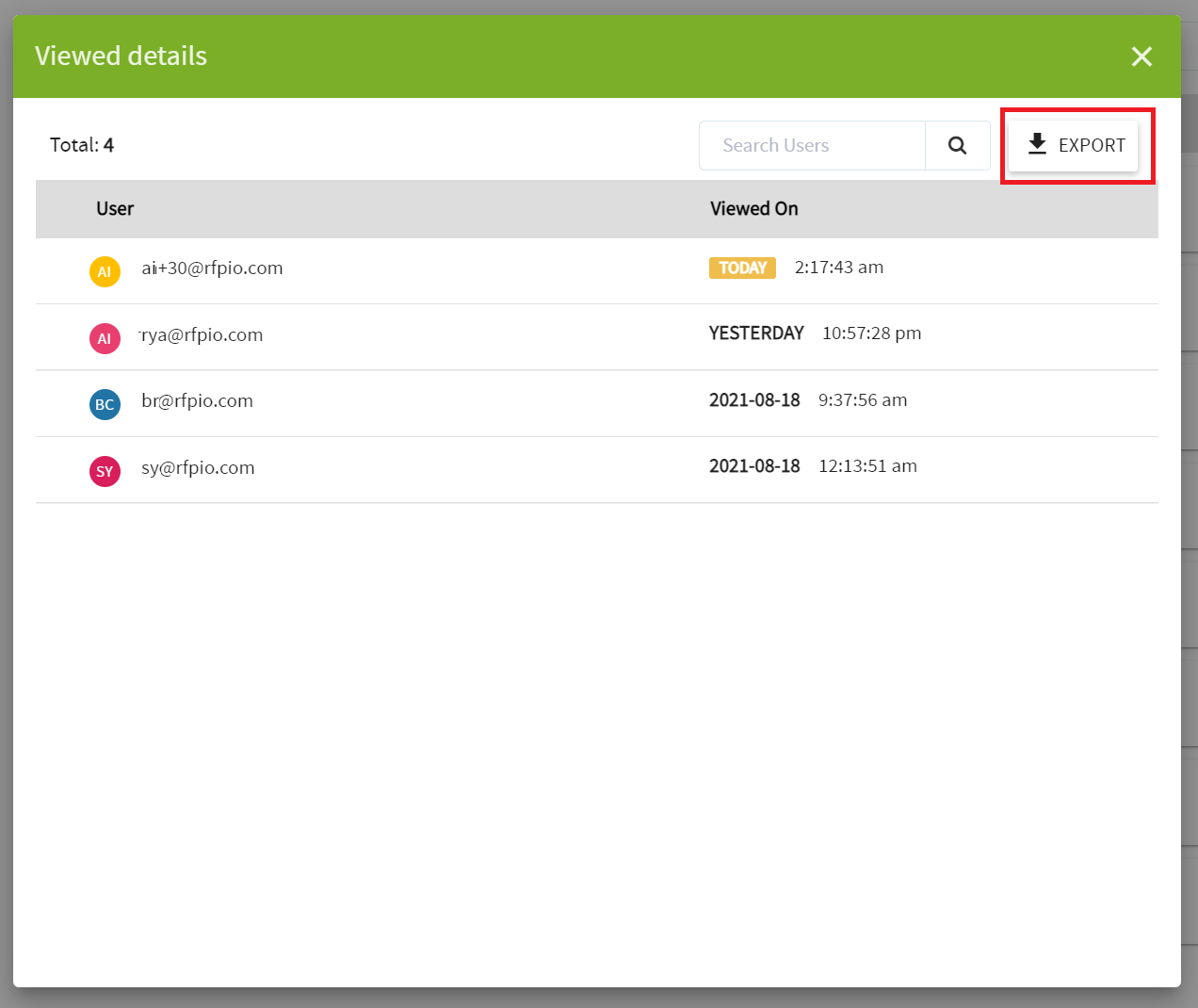 Box with Export button highlighted